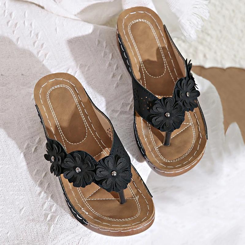 Fashion Vintage Clip Toe Womens Wedge Sandals Lightweight Flowers Decor Platform Slippers Women Plus Size Non Slip Thick Sole Sandles 43