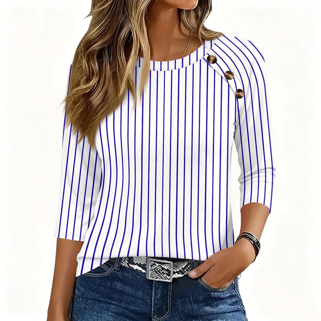 Damen T-Shirt mit 3/4 Ärmeln, Rundhalsausschnitt, Knöpfen, Lässiger Streifenprint, Lockerer Pullover für den täglichen Gebrauch, Büro, Schule, Reisen