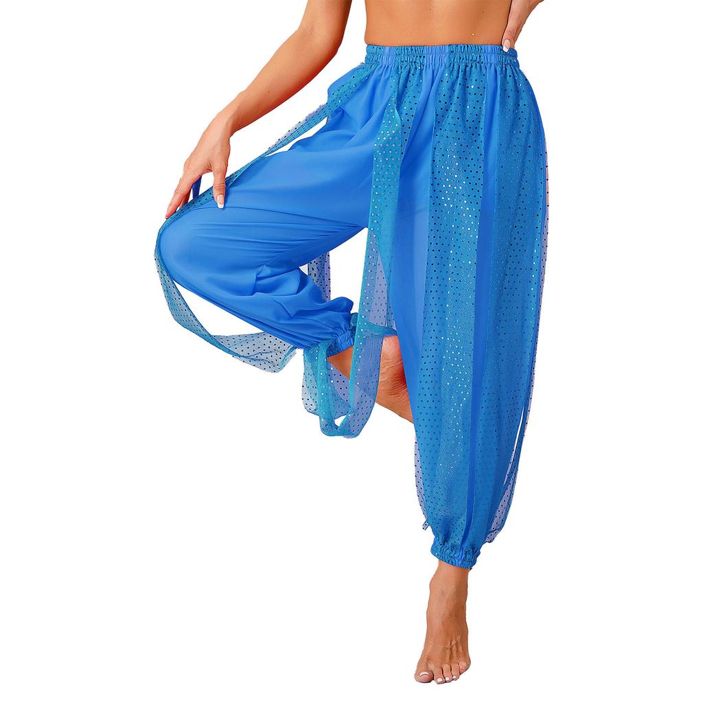 Womens Semi Sheer Chiffon Pants Sequined Dot Design Elastic Waist Belly Dance Performance Trousers