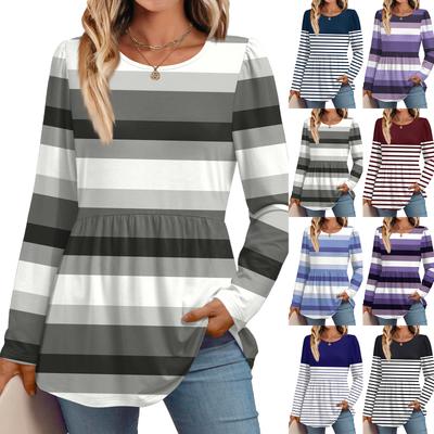 Women's Casual Fashion Long Sleeve Shirt Striped Tunic Top