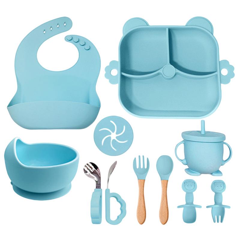 11-Piece Children's Silicone Bear Feeding Set: Food-Grade Bib, Bowl, Straw Cup & Tableware