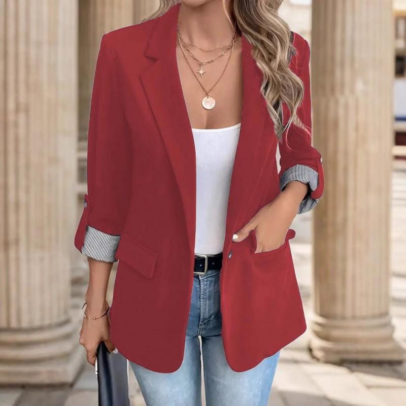 Womens Slim Fit Casual Blazer With Roll-Up 3/4 Sleeve Single Button Notched Lapel Solid Color Office Wear