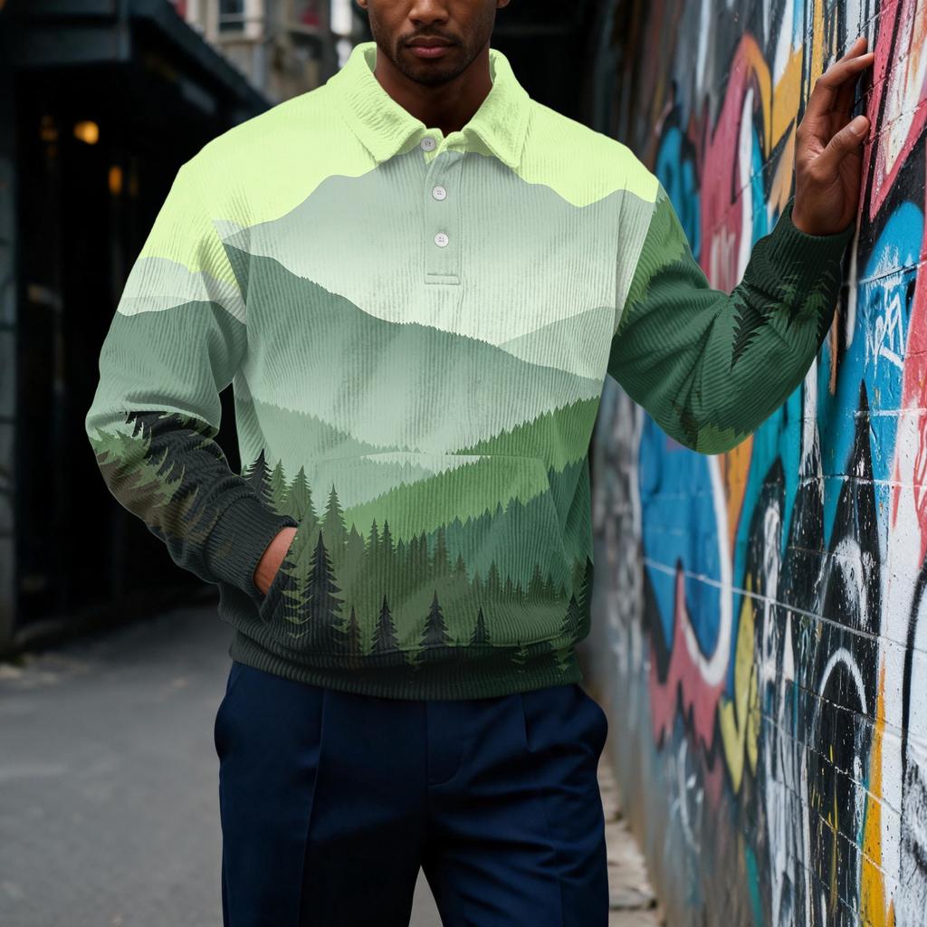 Men's Retro Corduroy Long Sleeve Printed Button-Front Top with Collar and Pocket Casual Shirt