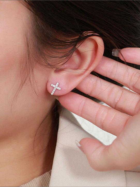 Sterling Silver Cross Stud Earrings with Cubic Zirconia Stones Simple Small Size Lightweight Design for Everyday Wear and Special Occasions