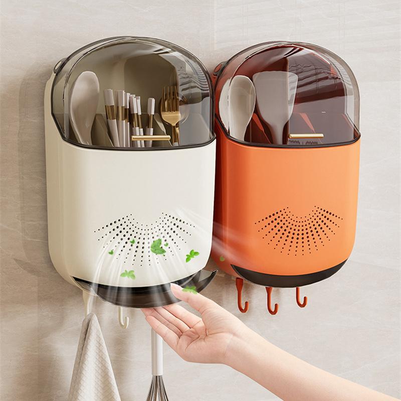 Kitchen Cutlery Storage Box Wall Mount Tableware Storage Holder With Lid Dustproof Spoon And Chopstick Organizer Drain Racks