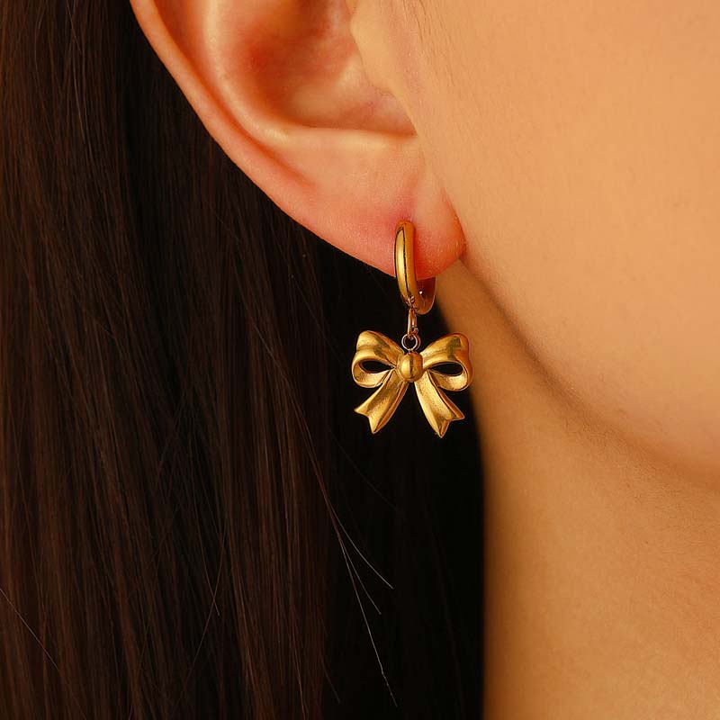 Stainless Steel Bowknot Hoop Huggie Earrings For Women Fashion Gold Color Hollow Bow Tie Drop Earrings Waterproof Jewelry Gifts