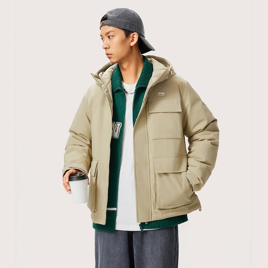 Li-Ning Sports Trend Series Color Block Casual Comfortable Cold Resistant Winter Warm Dopamine Short Down Jacket Men Jacket Milk-Khaki AYMU363-3