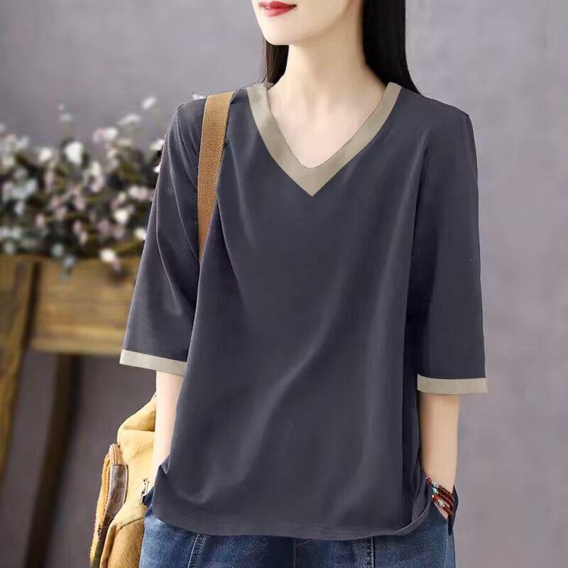 

Foreign Trade Clearance Export 100% Cotton Short sleeve T-shirt Women Summer Clothing Loose Plus size Belly Covering Casual Slimming Top Gray (Solid Color) XXL (Recommended 72.5-80kg)