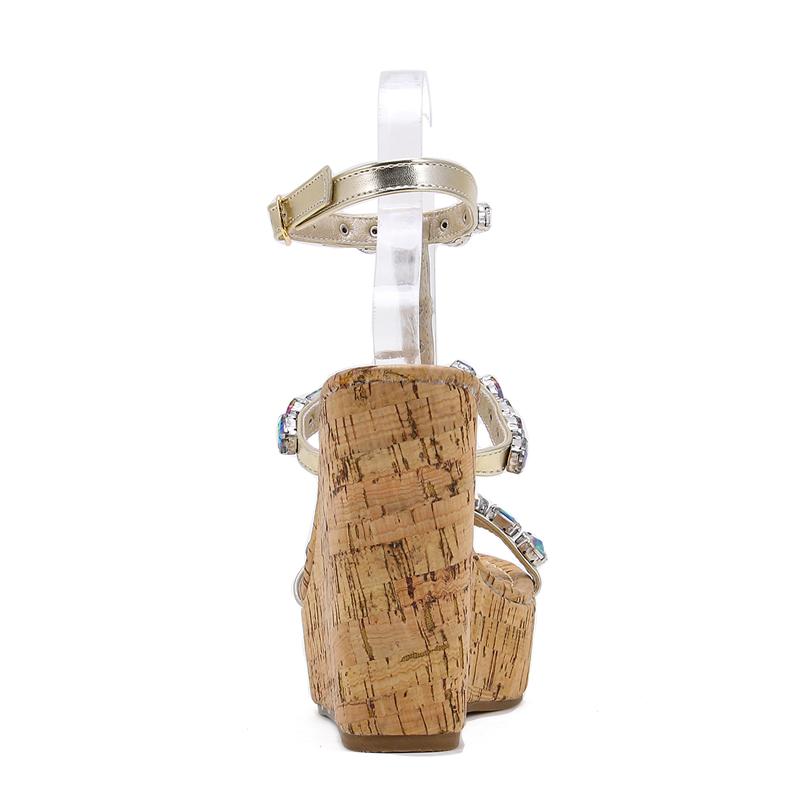 Moda venatura del legno zeppa sandali donna tacchi alti cinturino con fibbia in CRISTALLO scarpe casual estive da donna