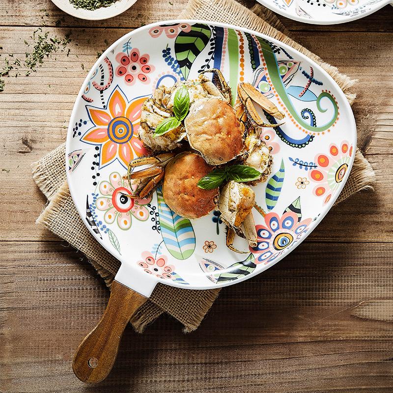 Colorful Floral Ceramic Handled Plate, Creative Decor Food Serving Dish with Solid Wood Handle, Microwave Unavailable