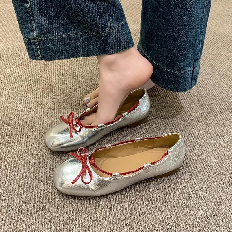 Fashion French Fashion Colorblock Flat Shoes Bow 2025 New Shallow Mouth Round Toe Single Shoes