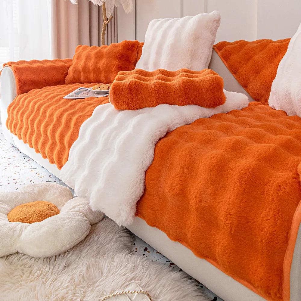 Nordic Solid Color Sofa Towel Thicken Rabbit Plush Sofa Cover Non-slip Covers Couch Slipcovers Sofa Towel for Living Room Decor