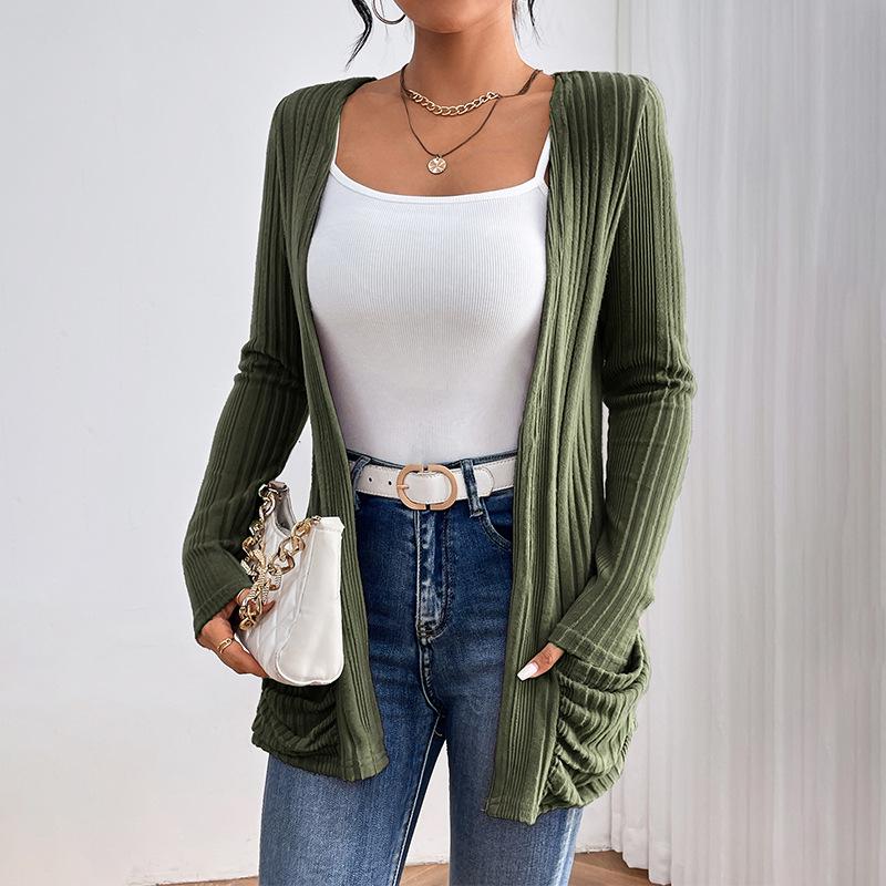 European and American Solid Long-Sleeve Mid-Length Knitted Cardigan with Pockets - Autumn/Winter Sweater