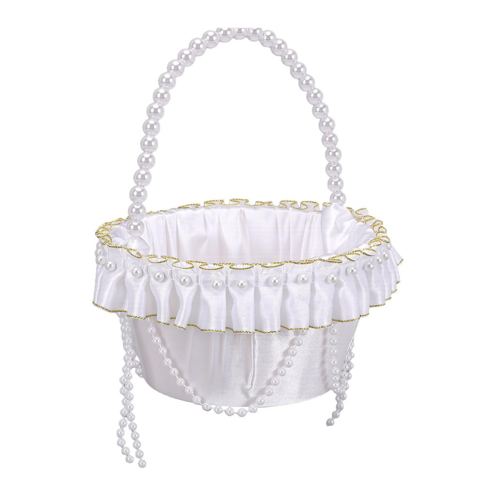 Hochzeit Blumenmädchen Korb mit Perlenhenkel Satin Blume Aufbewahrungskorb für Party Haus Dekoration Weiß