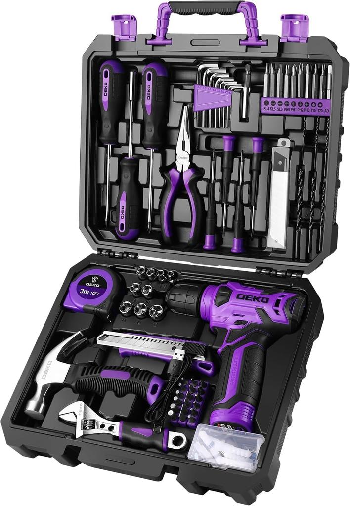 Tool Set with 8V Electric DIY Tool Power Tool Household Furniture Home Carpentry Tool Set with Convenient Storage Purple 126-Piece Drill, Set, Drill,