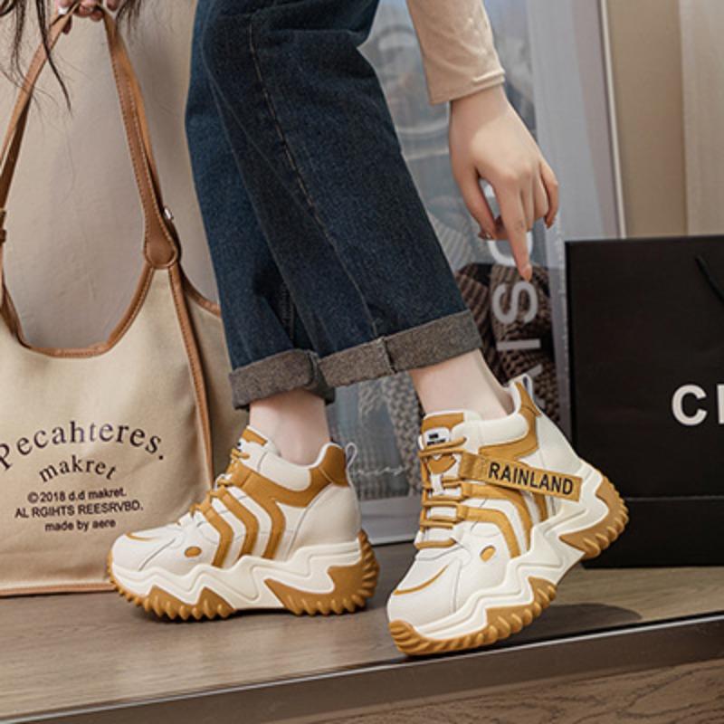 

99P inner height increase 7 leather dad shoes women, spring new versatile thick-soled muffin break 40 жёлтый