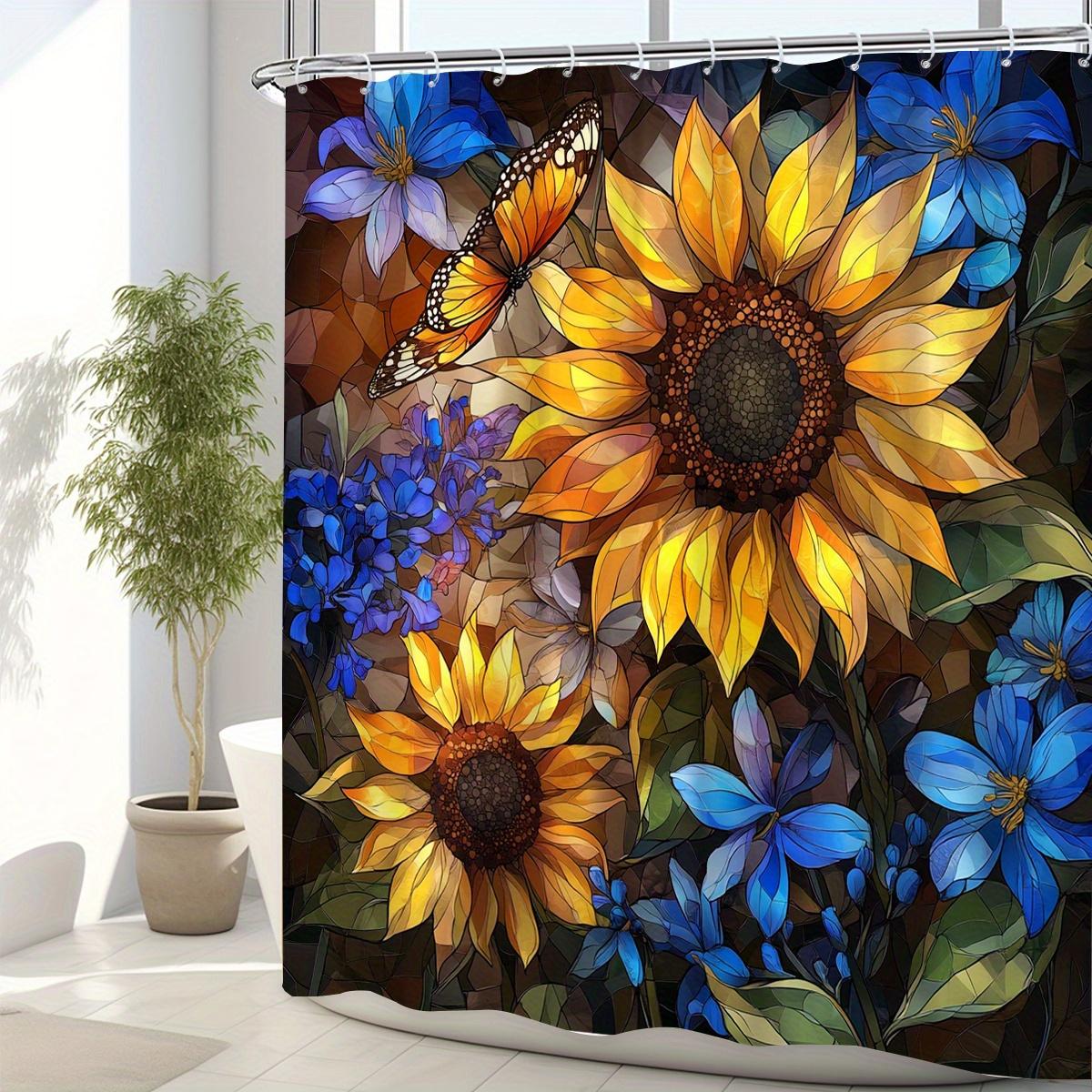

1 piece of vibrant sunflower and butterfly shower curtain - polyester fabric with hooks, yellow, colored glass floral design 90X180cm