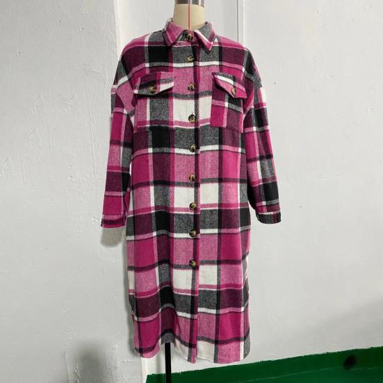 Autumn Winter Lady Coat Shirt Type Plaid Print Single-breasted Turn-down Collar with Chest Pockets Slit Hem Loose Mid Length Daily