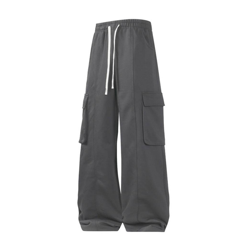 Men's And Women's Casual Solid Color Drawstring Trousers, Men's Loose Sporty Multi-pocket Straight-leg Work Pants
