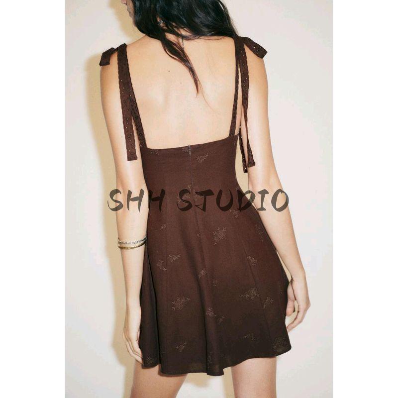 Summer New Product Women's Clothes Linen Blend Bowknot Decoration Embroider V-neck Strap Short Dress 0881395