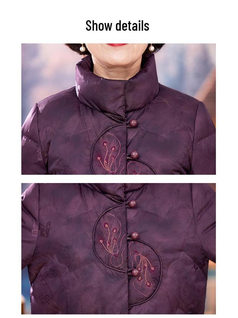 Vintage Rote Daunenjacke im chinesischen Stil für mittelalte und ältere Frauen, Warmer Wintermantel mit Entendaunen