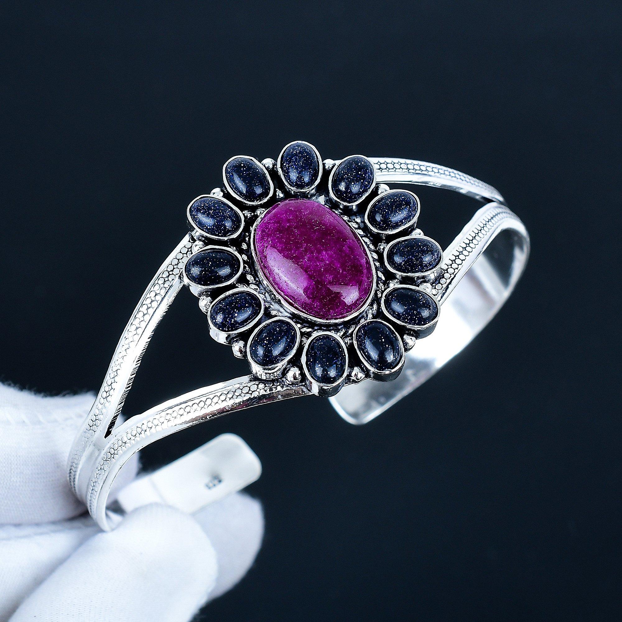 

Красный рубин драгоценный камень ручной работы манжета браслет 925 стерлинговое серебро манжета браслет, синий солнечный камень в форме цветка браслет для жены, унисекс браслет, подарок 7 красный