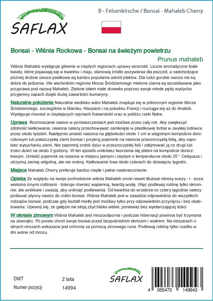 SAFLAX Garden In the Bag - Bonsai - Mahaleb Cherry - 30 Seeds - With Substrate In a Fitting Stand Up Bag - Prunus Mahaleb