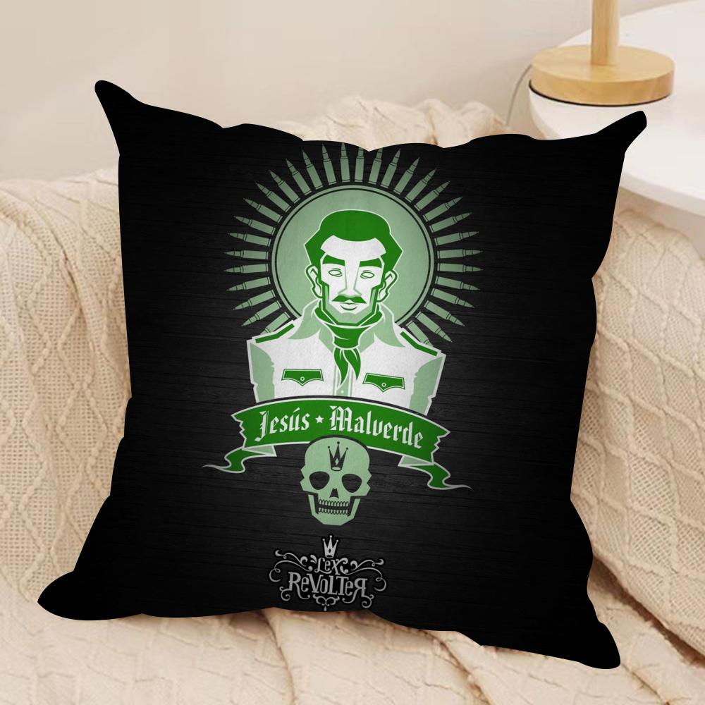 J-Jesus Malverde Cushion Cover Soft Plush Fabric Double-Sided Printed Sofa Cushion Cover for All Seasons Home Decor Gift