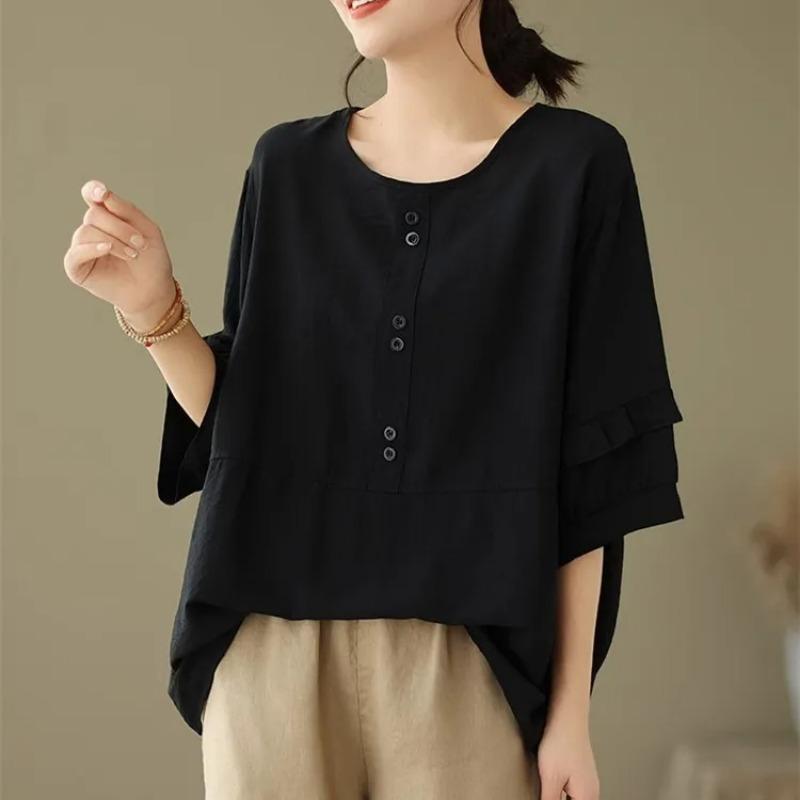 New Cotton Linen Retro Lazy Shirt Women's Summer Thin Loose Short-sleeved Versatile Top