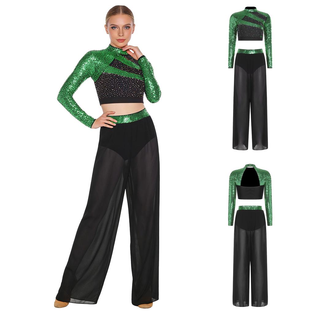 S-XXL Women Two-Piece Lyrical Dance Outfit Mock Neck Long Sleeve Cutout Back Sequins Rhinestones Crop Top with Side Split Sheer Chiffon Pants