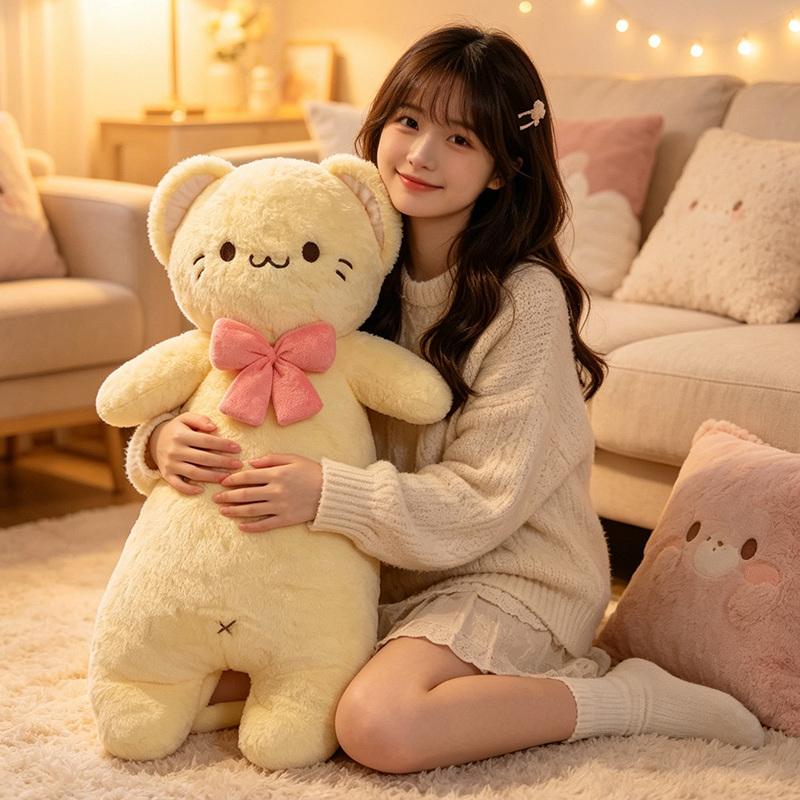 Bow Tie Bear Fluffy Buddies Filled Jumbo Dimension Long Body Creature Fling Backrest Warm Plush House Cushion Boys Girls Sleepy Buddy