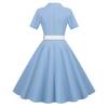 Dámské šaty, výstřih, klopa, jednořadý, s páskem, linie A, velký švih, úzký, vysoký pas, jednobarevné retro, krátký rukáv, princeznovské šaty ve stylu lady midi