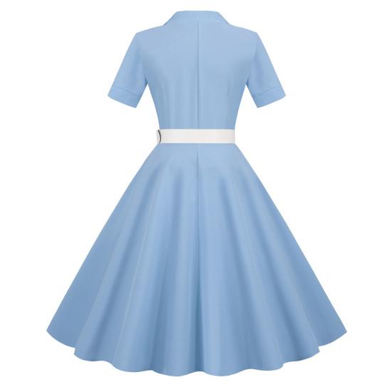Dámské šaty, výstřih, klopa, jednořadý, s páskem, linie A, velký švih, úzký, vysoký pas, jednobarevné retro, krátký rukáv, princeznovské šaty ve stylu lady midi