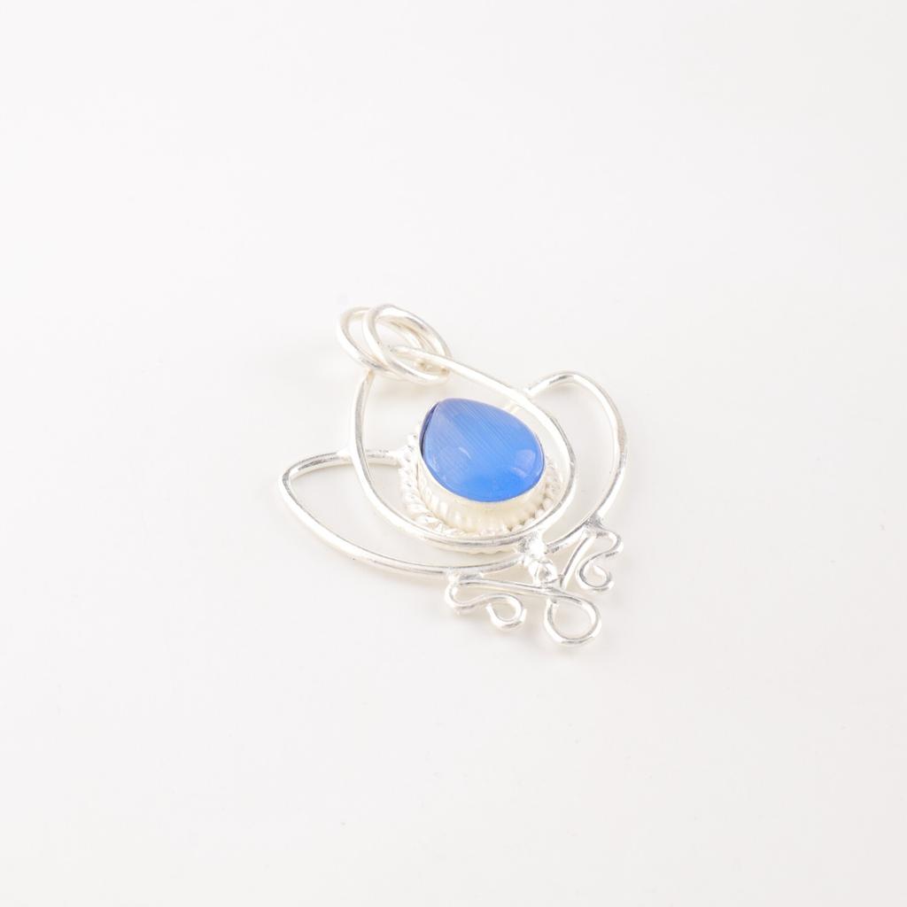 Dark Blue Cat's Eye Gemstone 925 Sterling Silver Jewelry Handmade Chain Pendant PP-38-46