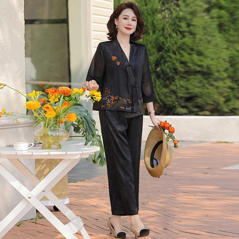 Chic Chinese-Style Summer Two-Piece Set for Middle-Aged and Elderly Women – Loose and Slimming Fit