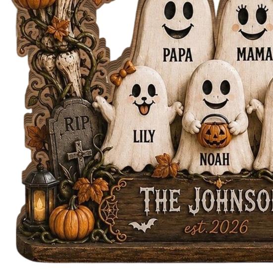 Living Room Wall Art Halloween Ghost Family Wooden Plaque, Pumpkin Couple Tabletop Sign, Indoor Hanging Signs Farmhouse Home Ornament for Tiered Tray
