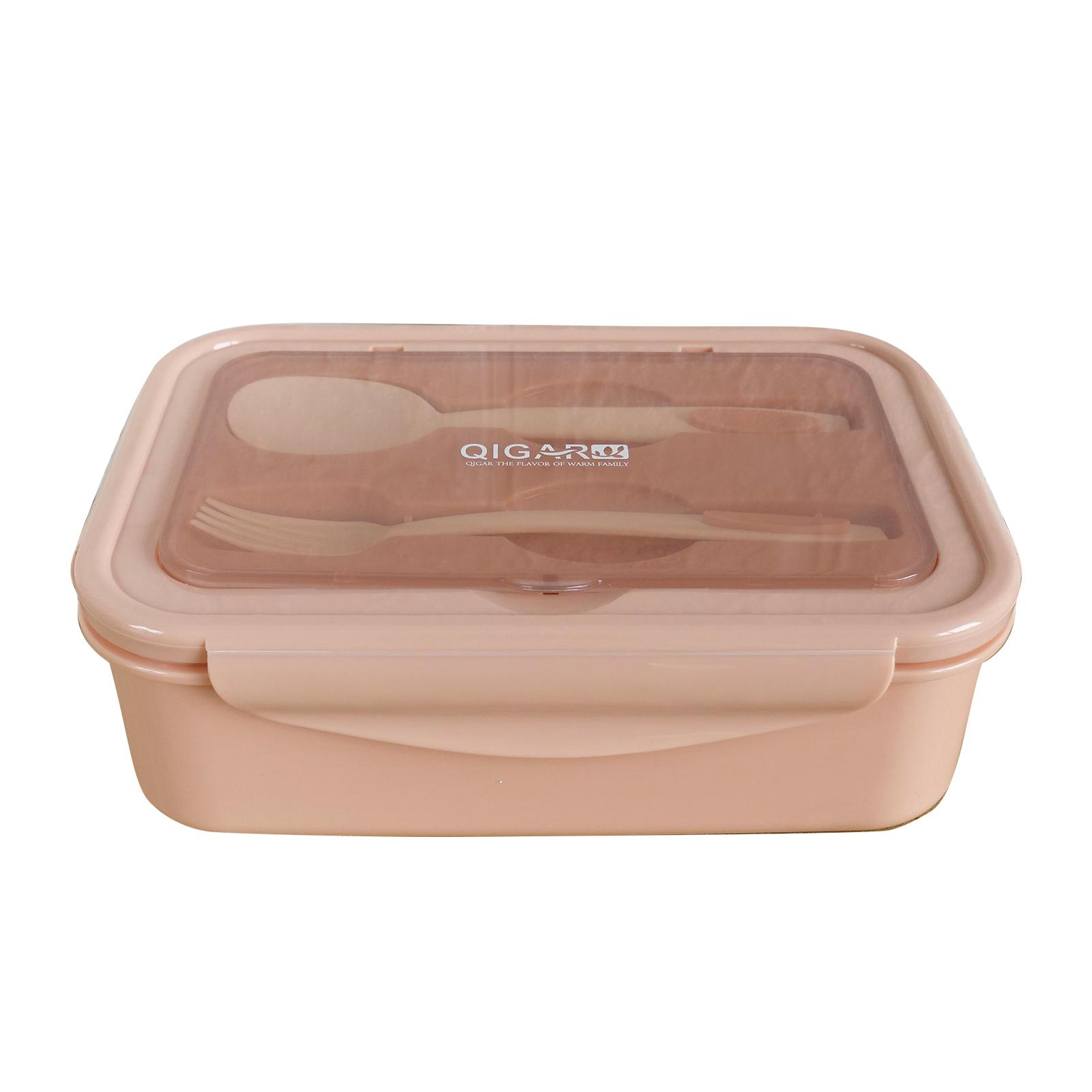 

Пластиковый ланч-бокс емкостью 1400 мл с вилкой и ложкой, 3 отделения, однослойный герметичный многоразовый контейнер для овощей розовый
