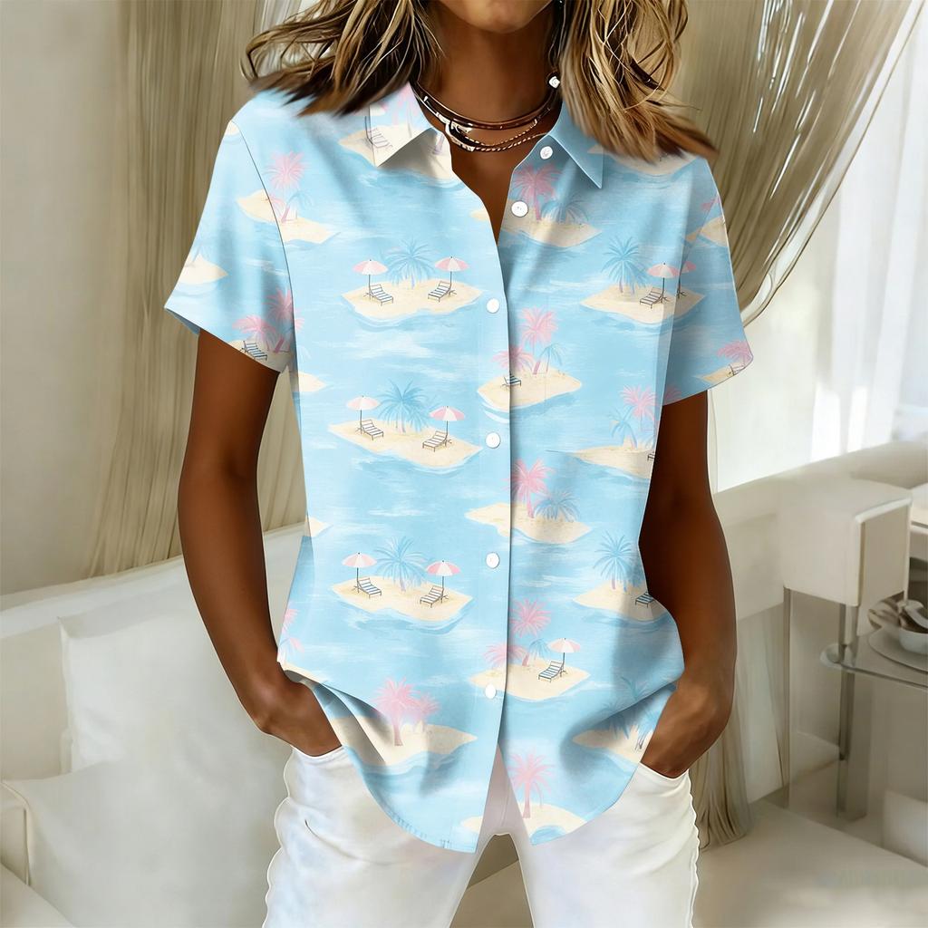 Women's Shirt Hawaiian Print Button Short Sleeved Pocket Casual Top