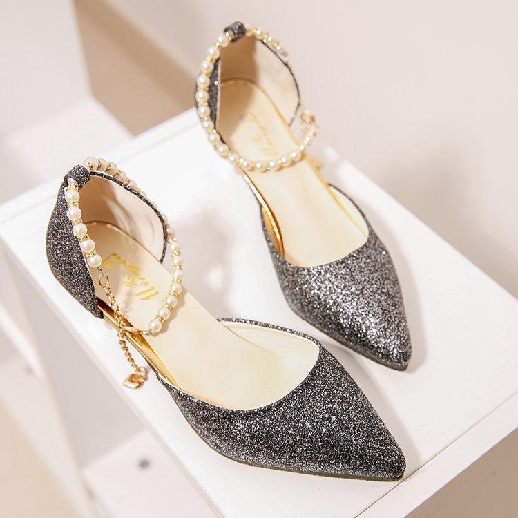 

Summer new women s beaded one-word buckle women s shoes with sequins pointed thin heels women s sandals manufacturer 34 чёрный