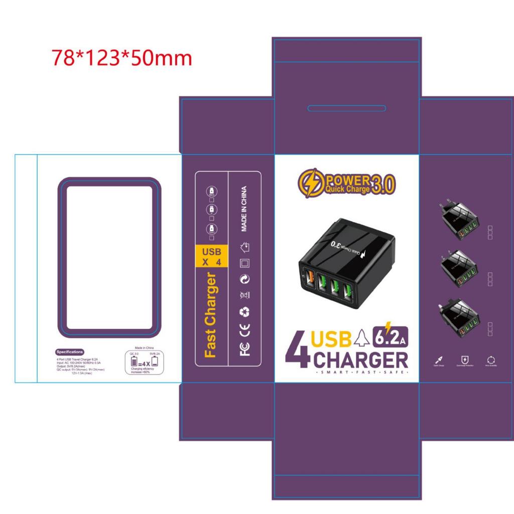 5.1A QC3.0 4-Port USB Fast Mobile Charger - US, EU, UK, India, Korea Specs