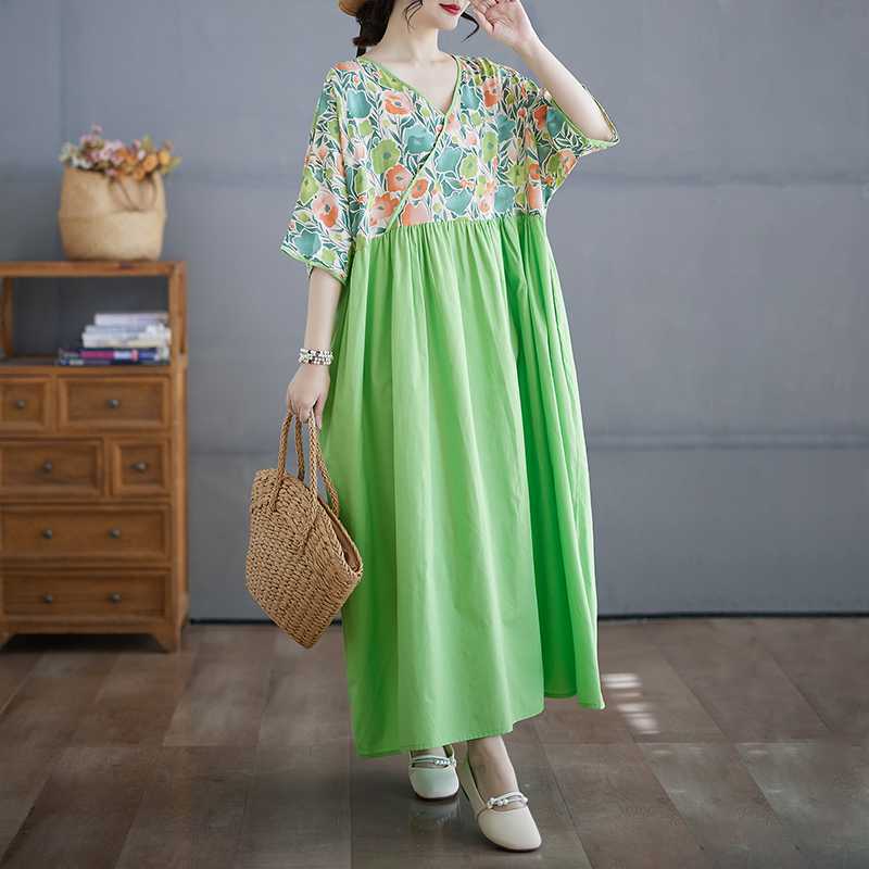 Cotton and Linen Summer Patchwork Retro Style Dress Long Skirt