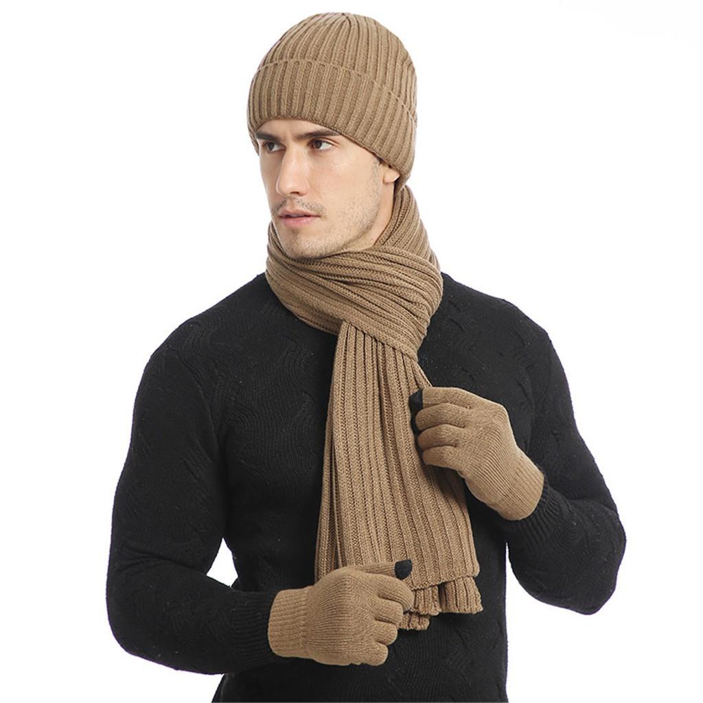 Unisex Knitted Scarf Hat and Gloves Set Stretch Hat Scarf and Mitten Set