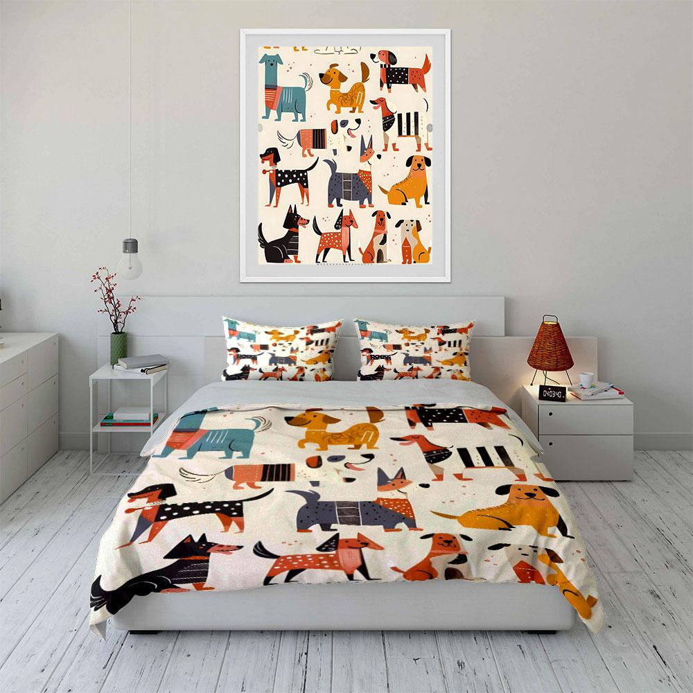"Cartoon Dog Print Decor Set" Bedding Set with 1 Duvet Cover 2 Pillowcases Single Double King Queen Gift