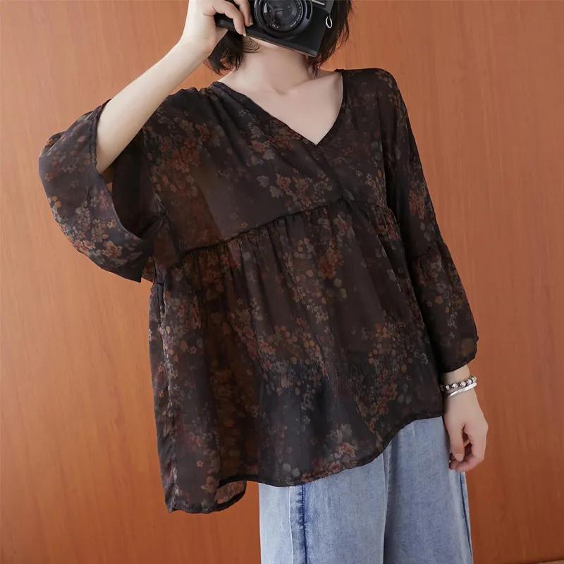 

Женская летняя ретро-футболка с цветочным принтом и рукавом-семьюминетом, V-образным вырезом, свободные и удобные солнцезащитные топы One Size