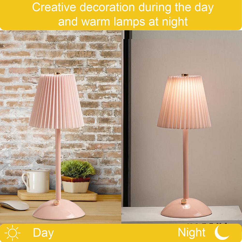 Pleated Shade Nightstand Lamp Soft Light Decorative Light with Metal Base Rechargeable for Living Room Bedroom