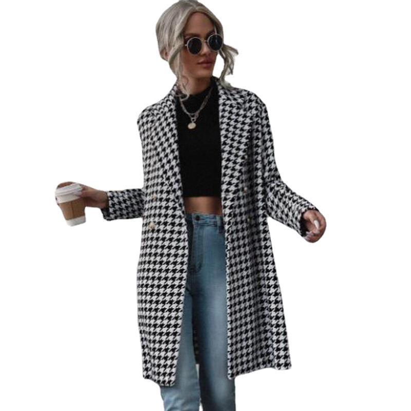Women's Houndstooth Print Mid-Length Wool Coat - Autumn/Winter Collection