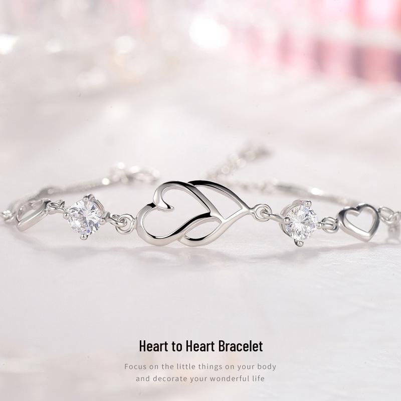 Korean Heart to Heart S925 Sterling Silver Bracelet with Diamond Inlay - Elegant Jewelry Gift for Women
