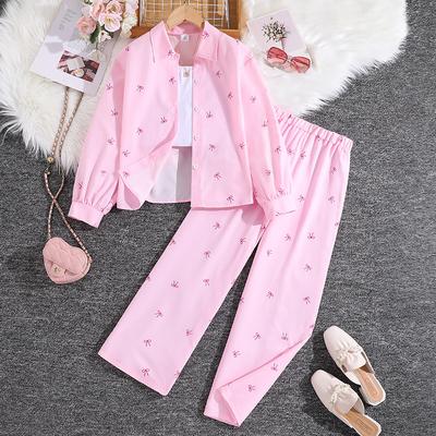 Girls' Casual Set 2025 Autumn Children's Fashion Bow Long-sleeved Shirt Top Two-piece Set