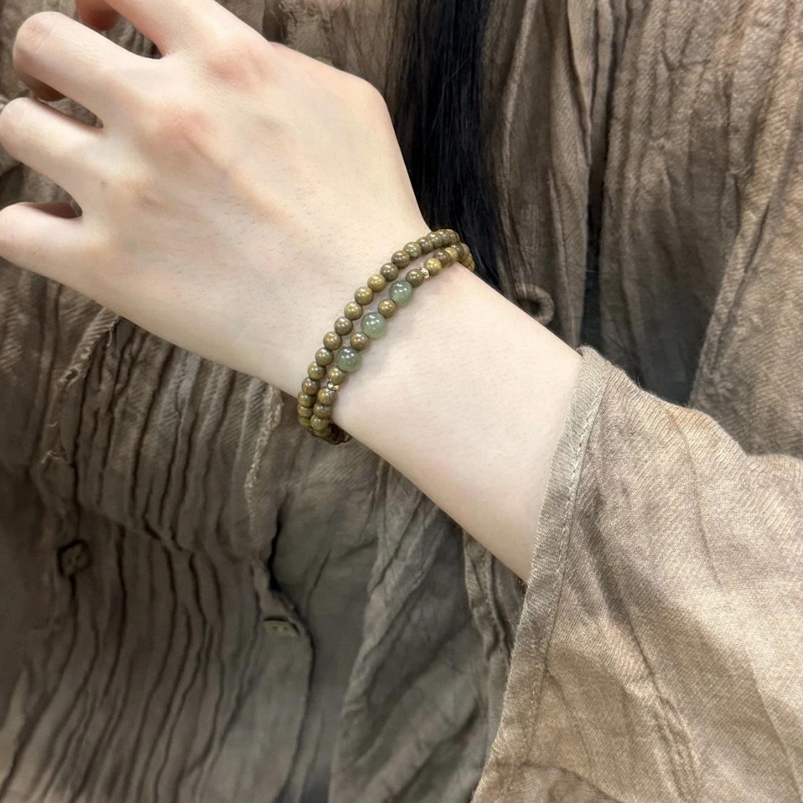 Handmade 6mm Double Loop Green Sandalwood & Hetian Style Bracelet, Retro New Chinese Unisex Jewelry, Travel Souvenir