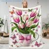 1pc Floral Print Blanket, Tulip And Butterfly Pattern, Multi-Size Available, Autumn Thanksgiving Christmas Nap Blanket, Suitable for Living Room, Bedr